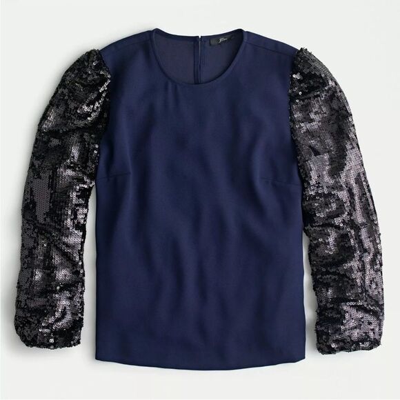 J Crew Sequin Crepe Long Sleeve Blouse Navy Blue Black Small Holiday Festive New - Picture 4 of 12